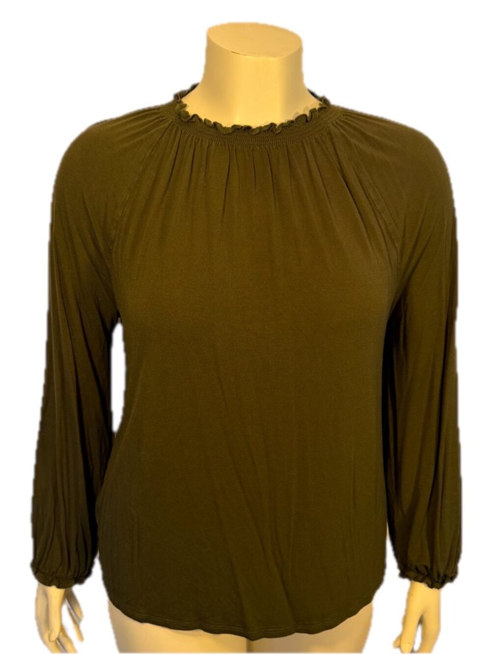 LOFT Outlet Women's Knit Blouse Woman's L Olive Green Ruffled Mock Neck Rayon